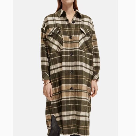 NWT Scotch & Soda Wool Blend Check Long Shirt Jacket S/M Field Green - Picture 13 of 14
